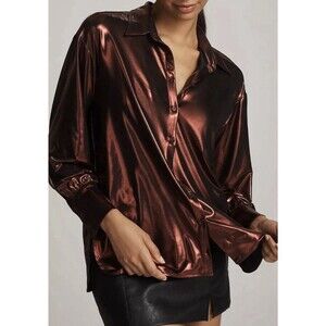 By Anthropologie Shine Button Down Shirt Burgundy Metallic Long Sleeve M NWT